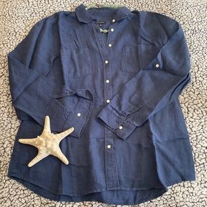 Classic large navy blue Talbots button front longsleeved 100% linen blouse